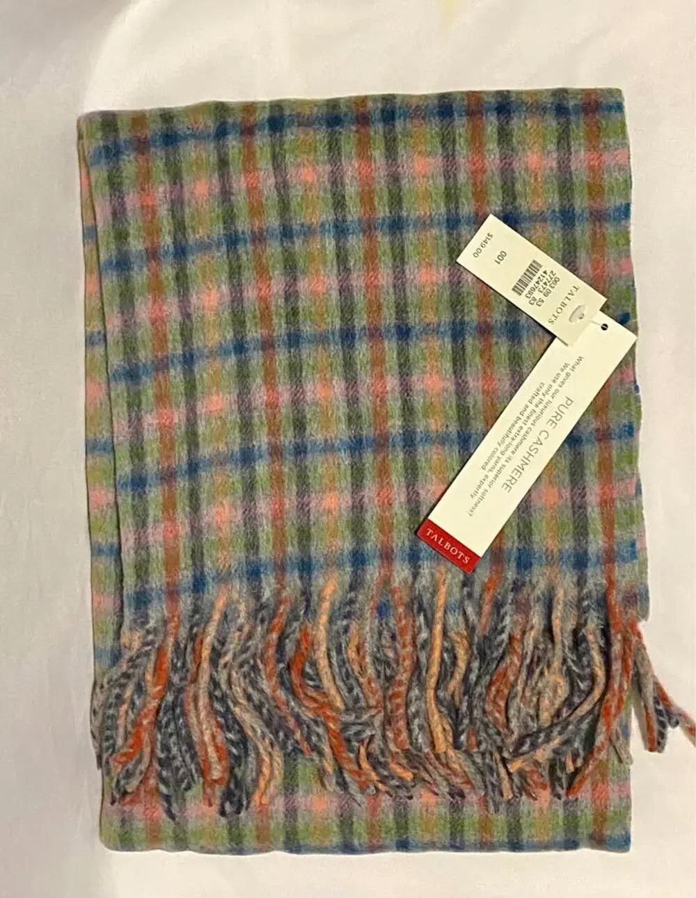 Talbots 100% Cashmere Plaid Fringe Scarf Multicolor NWT